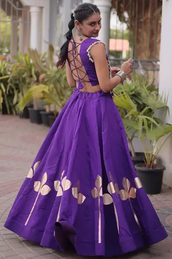 Violet Silk Blend Readymade Navratri Lehenga Choli with Mirror & Gamthi Embroidery Work