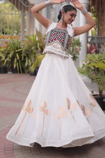 White Silk Blend Readymade Navratri Lehenga Choli with Mirror & Gamthi Embroidery Work