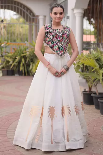 White Silk Blend Readymade Navratri Lehenga Choli with Kutchi Gamthi Work