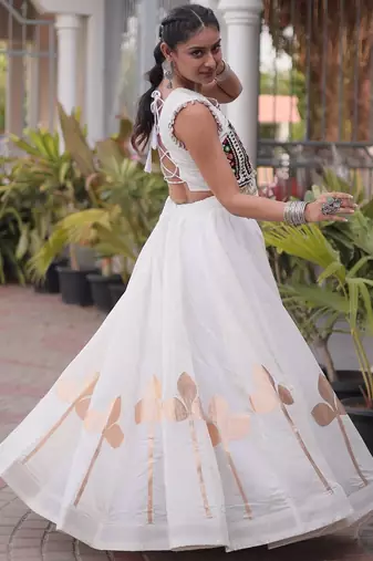 White Silk Blend Readymade Navratri Lehenga Choli with Mirror & Gamthi Embroidery Work