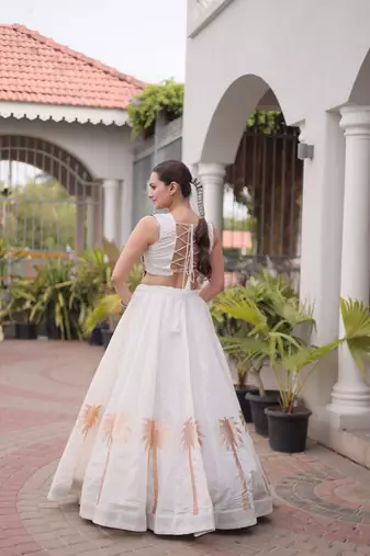 White Silk Blend Readymade Navratri Lehenga Choli with Kutchi Gamthi Work