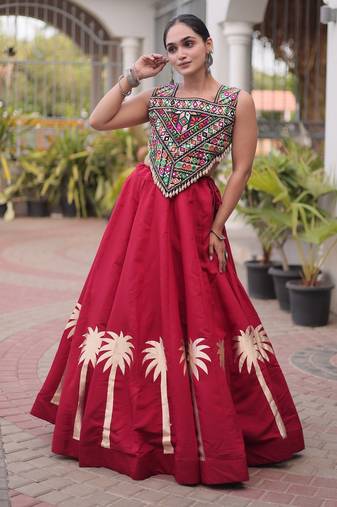 Red Silk Blend Readymade Navratri Lehenga Choli with Kutchi Gamthi Work