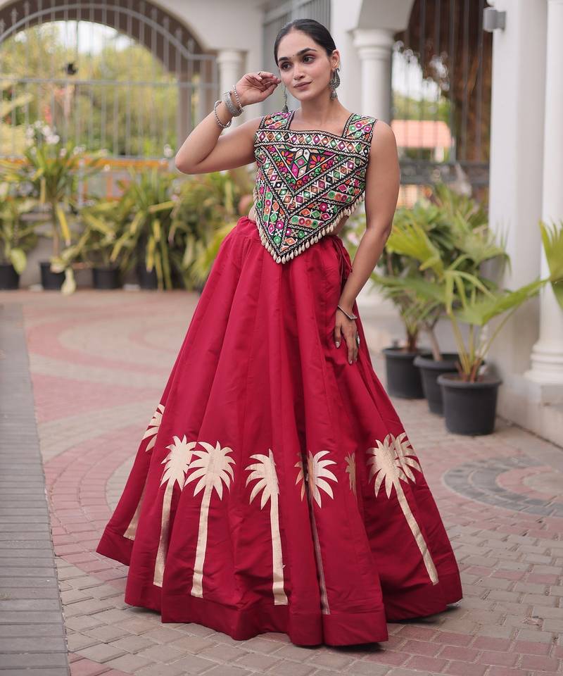 Red Silk Blend Readymade Navratri Lehenga Choli with Kutchi Gamthi Work