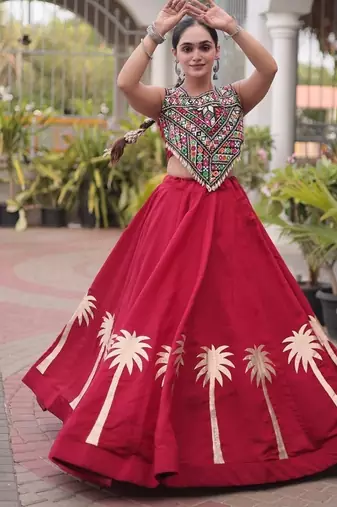 Red Silk Blend Readymade Navratri Lehenga Choli with Kutchi Gamthi Work