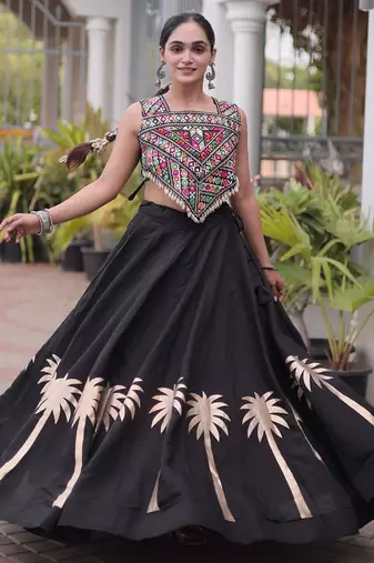 Black Silk Blend Readymade Navratri Lehenga Choli with Kutchi Gamthi Work