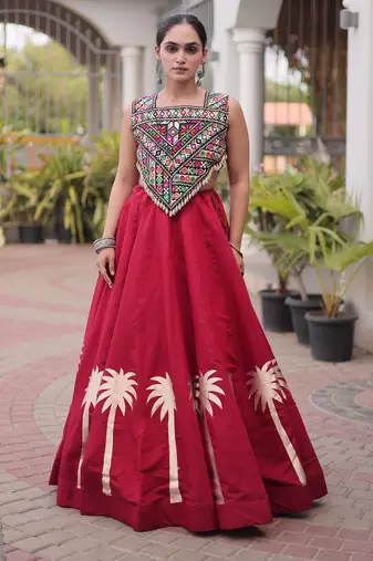 Red Silk Blend Readymade Navratri Lehenga Choli with Kutchi Gamthi Work