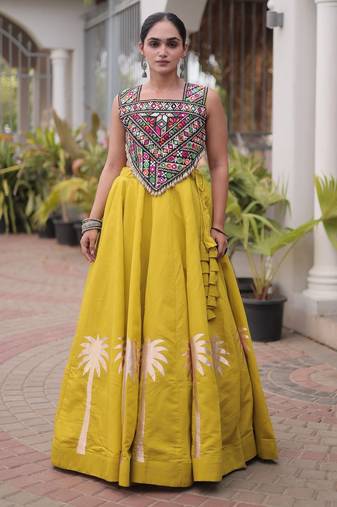 Yellow Silk Blend Readymade Navratri Lehenga Choli with Kutchi Gamthi Work