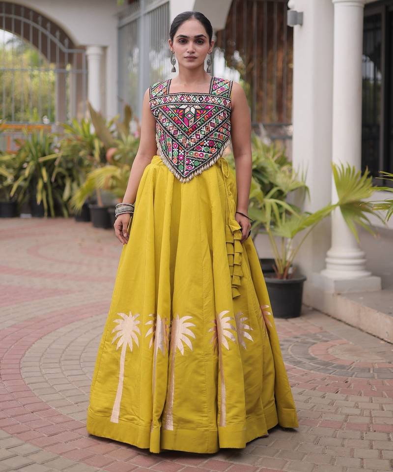 Yellow Silk Blend Readymade Navratri Lehenga Choli with Kutchi Gamthi Work