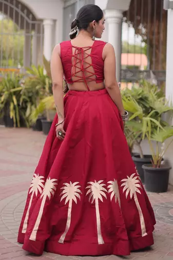 Red Silk Blend Readymade Navratri Lehenga Choli with Kutchi Gamthi Work