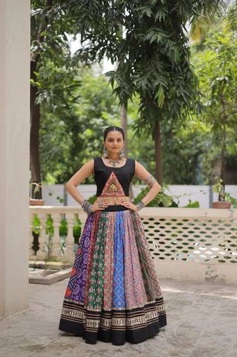 Multi Cotton Readymade Navratri Lehenga Choli with Kutchi Gamthi Mirrorwork