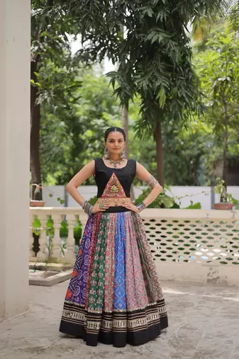 Multi Cotton Readymade Navratri Lehenga Choli with Kutchi Gamthi Mirrorwork