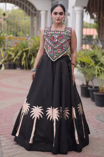 Black Silk Blend Readymade Navratri Lehenga Choli with Kutchi Gamthi Work