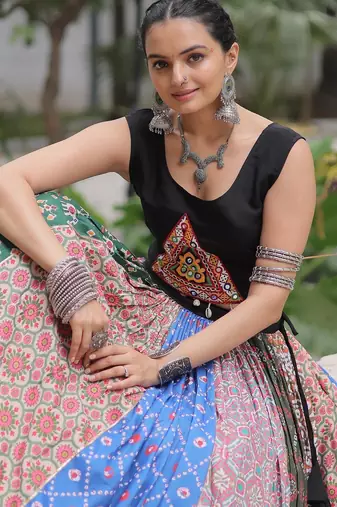 Multi Cotton Readymade Navratri Lehenga Choli with Kutchi Gamthi Mirrorwork