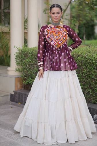 Maroon&White Cotton Readymade Navratri Lehenga Choli with Kutchi Gamthi Patchework