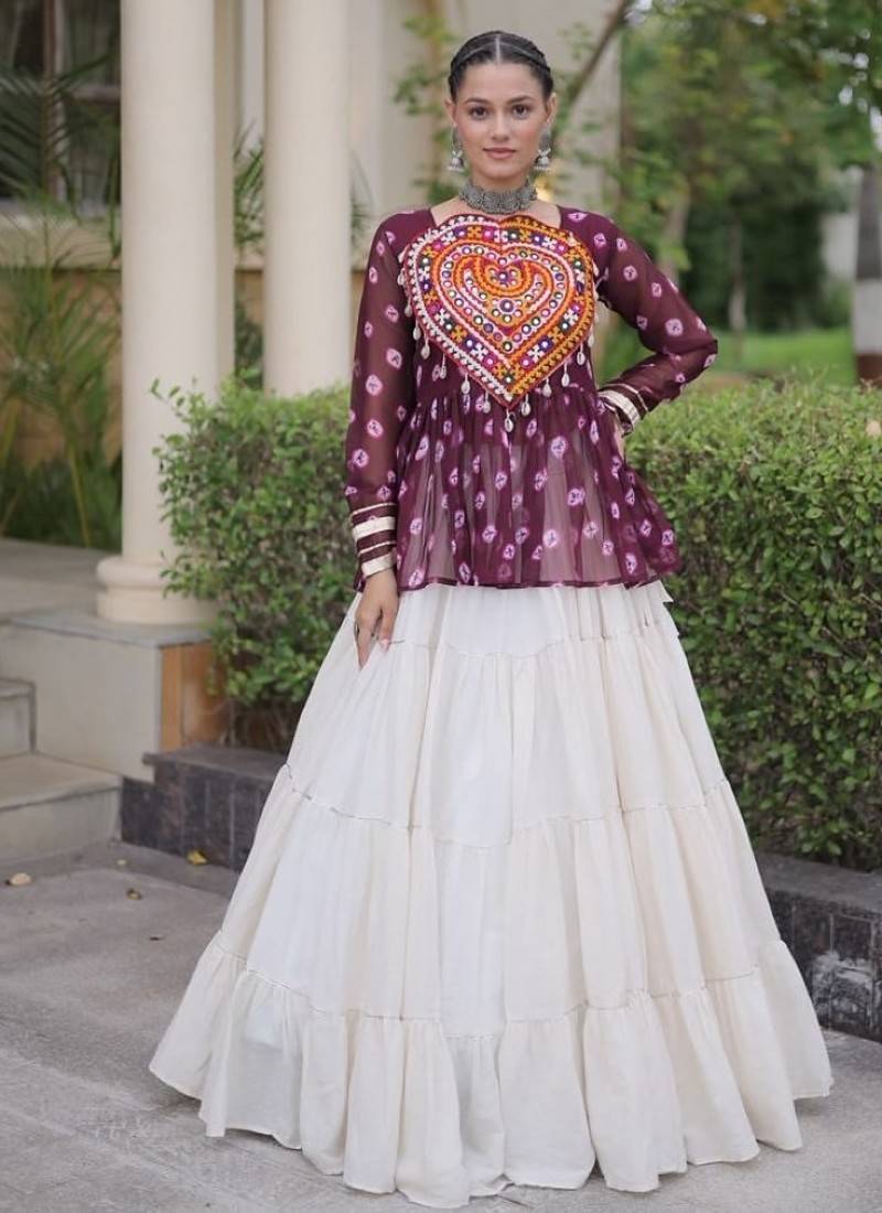 Maroon&White Cotton Readymade Navratri Lehenga Choli with Kutchi Gamthi Patchework