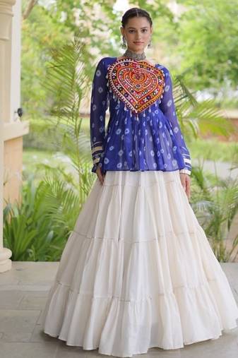 Blue&White Cotton Readymade Navratri Lehenga Choli with Kutchi Gamthi Patchework