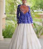 Blue&White Cotton Readymade Navratri Lehenga Choli with Kutchi Gamthi Patchework