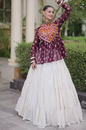 Maroon&White Cotton Readymade Navratri Lehenga Choli with Kutchi Gamthi Patchework