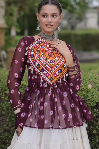 Maroon&White Cotton Readymade Navratri Lehenga Choli with Kutchi Gamthi Patchework
