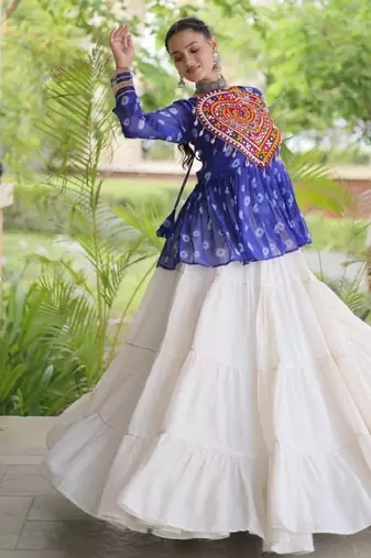 Blue&White Cotton Readymade Navratri Lehenga Choli with Kutchi Gamthi Patchework