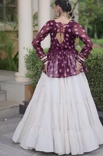 Maroon&White Cotton Readymade Navratri Lehenga Choli with Kutchi Gamthi Patchework