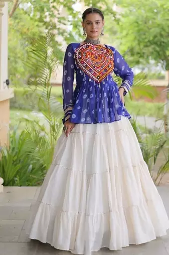 Blue&White Cotton Readymade Navratri Lehenga Choli with Kutchi Gamthi Patchework