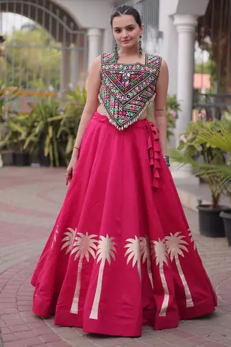 Rani Silk Blend Readymade Navratri Lehenga Choli with Kutchi Gamthi Work