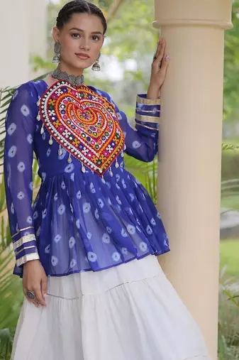 Blue&White Cotton Readymade Navratri Lehenga Choli with Kutchi Gamthi Patchework