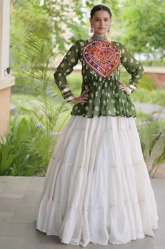 Mehendi&White Cotton Readymade Navratri Lehenga Choli with Kutchi Gamthi Patchework
