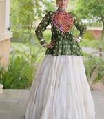 Mehendi&White Cotton Readymade Navratri Lehenga Choli with Kutchi Gamthi Patchework