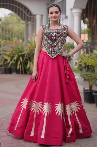 Rani Silk Blend Readymade Navratri Lehenga Choli with Kutchi Gamthi Work