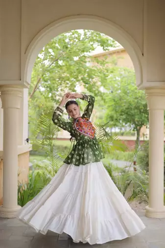 Mehendi&White Cotton Readymade Navratri Lehenga Choli with Kutchi Gamthi Patchework