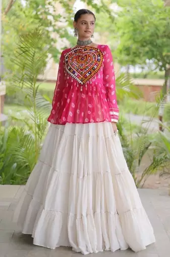 Rani&White Cotton Readymade Navratri Lehenga Choli with Kutchi Gamthi Patchework