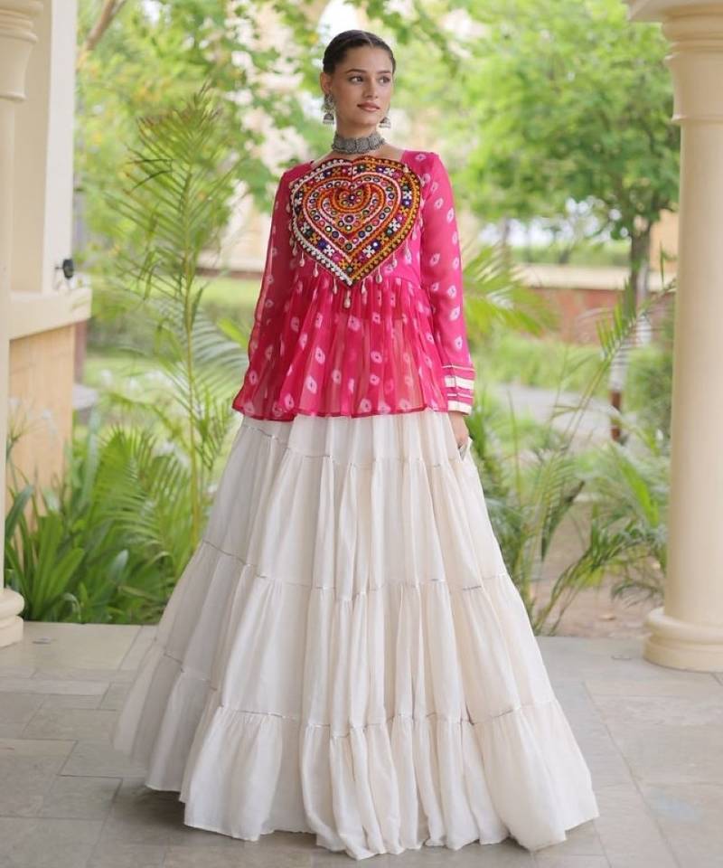 Rani&White Cotton Readymade Navratri Lehenga Choli with Kutchi Gamthi Patchework