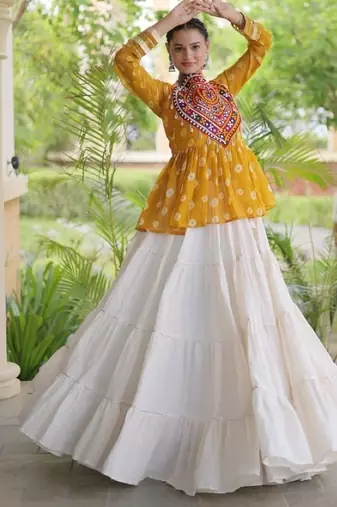 Yellow&White Cotton Readymade Navratri Lehenga Choli with Kutchi Gamthi Patchework