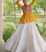 Yellow&White Cotton Readymade Navratri Lehenga Choli with Kutchi Gamthi Patchework