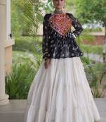 Black&White Cotton Readymade Navratri Lehenga Choli with Kutchi Gamthi Patchework