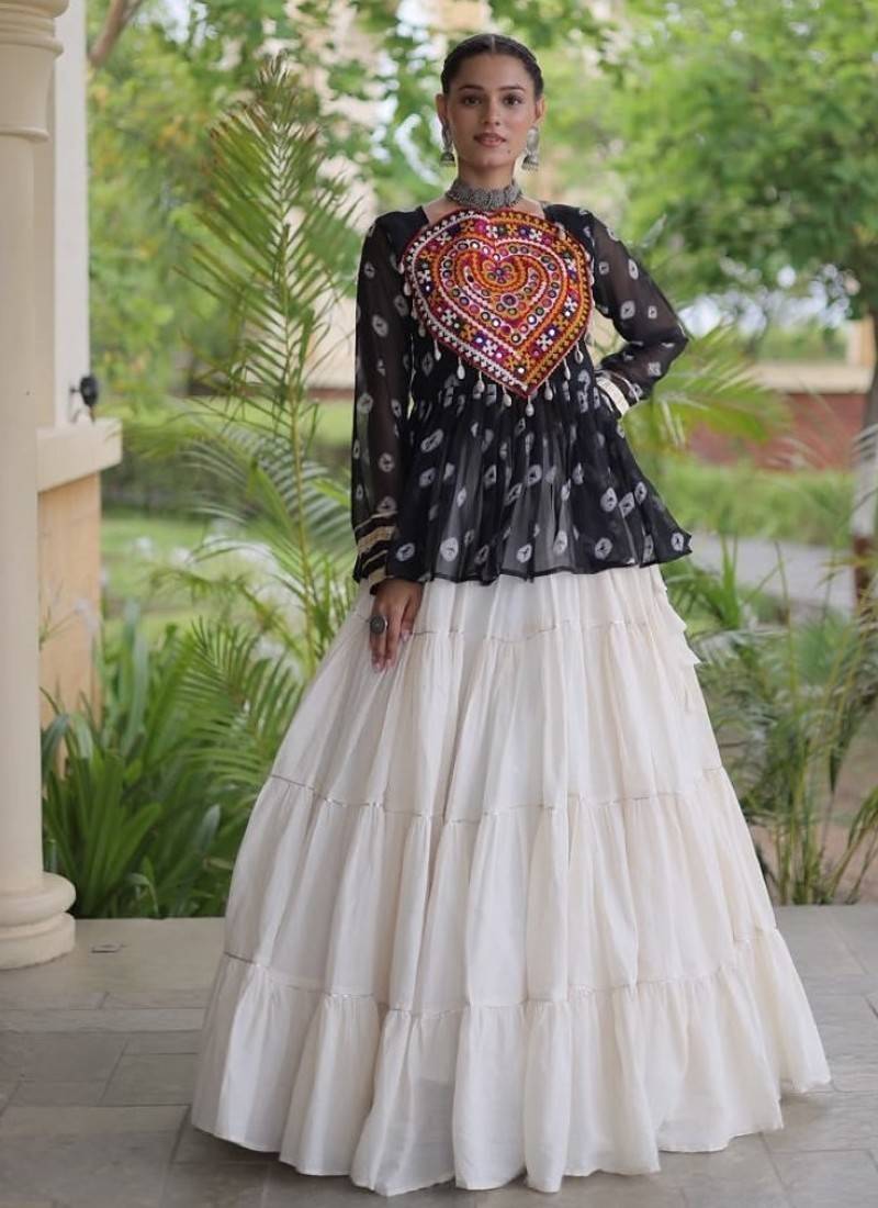 Black&White Cotton Readymade Navratri Lehenga Choli with Kutchi Gamthi Patchework