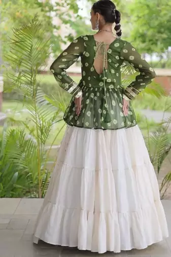Mehendi&White Cotton Readymade Navratri Lehenga Choli with Kutchi Gamthi Patchework