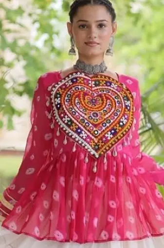Rani&White Cotton Readymade Navratri Lehenga Choli with Kutchi Gamthi Patchework