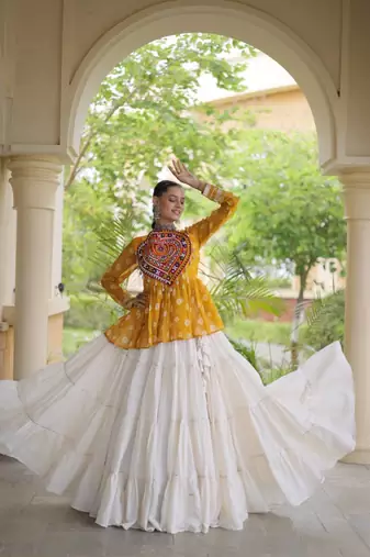 Yellow&White Cotton Readymade Navratri Lehenga Choli with Kutchi Gamthi Patchework