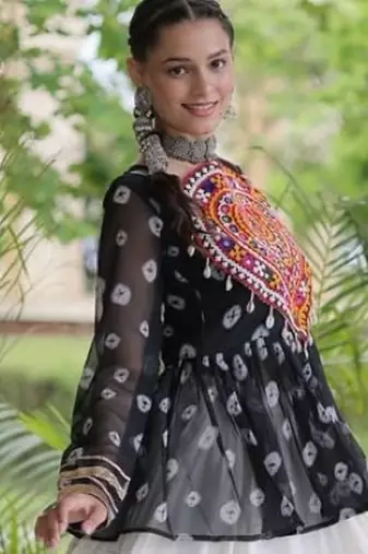 Black&White Cotton Readymade Navratri Lehenga Choli with Kutchi Gamthi Patchework