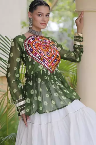 Mehendi&White Cotton Readymade Navratri Lehenga Choli with Kutchi Gamthi Patchework