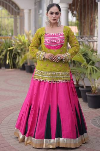 Olive&Pink Rayon Readymade Navratri Lehenga Choli with Kutchi Gamthi Work
