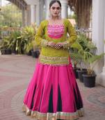 Olive&Pink Rayon Readymade Navratri Lehenga Choli with Kutchi Gamthi Work