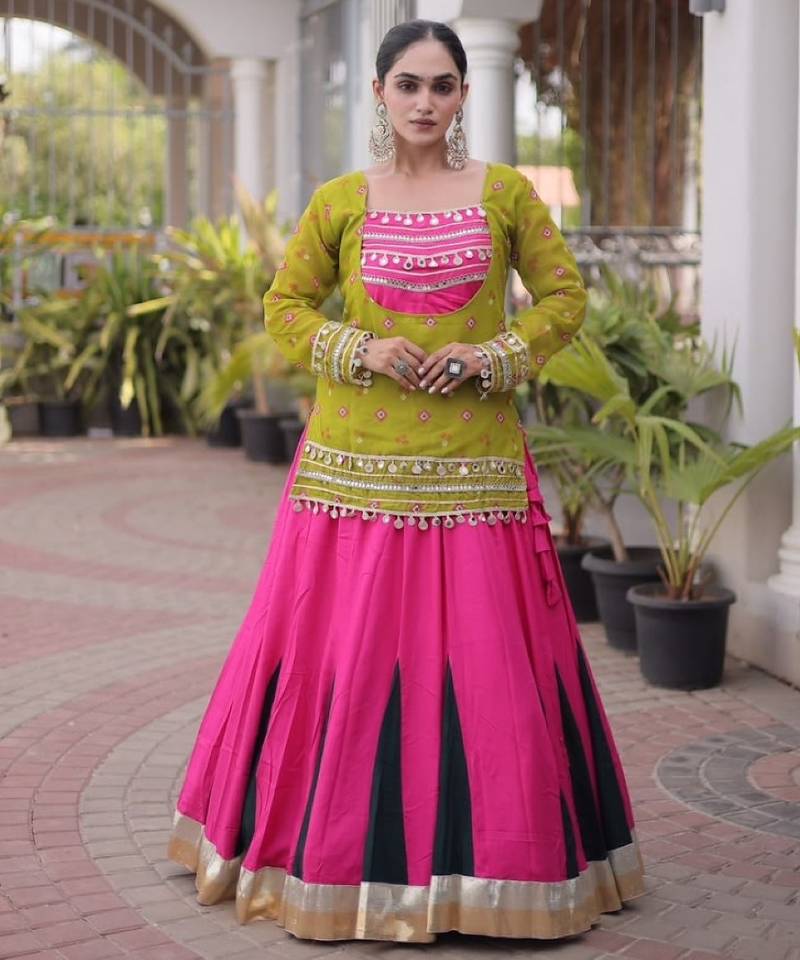 Olive&Pink Rayon Readymade Navratri Lehenga Choli with Kutchi Gamthi Work