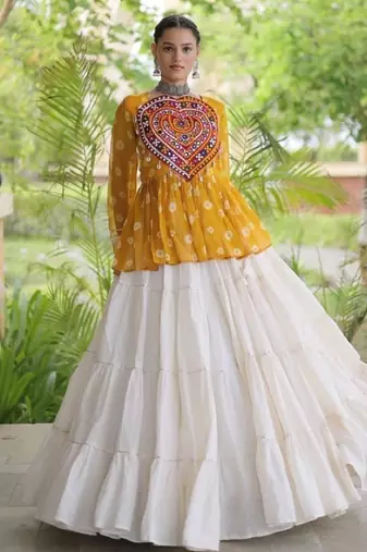 Yellow&White Cotton Readymade Navratri Lehenga Choli with Kutchi Gamthi Patchework