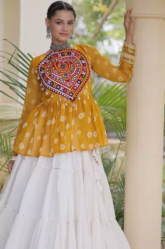 Yellow&White Cotton Readymade Navratri Lehenga Choli with Kutchi Gamthi Patchework