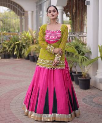 Olive&Pink Rayon Readymade Navratri Lehenga Choli with Kutchi Gamthi Work 2