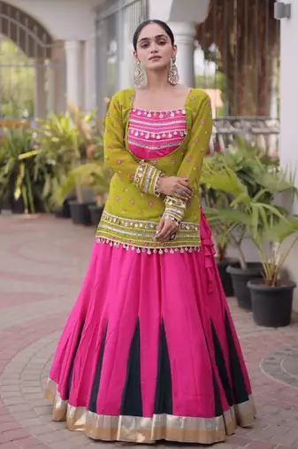 Olive&Pink Rayon Readymade Navratri Lehenga Choli with Kutchi Gamthi Work